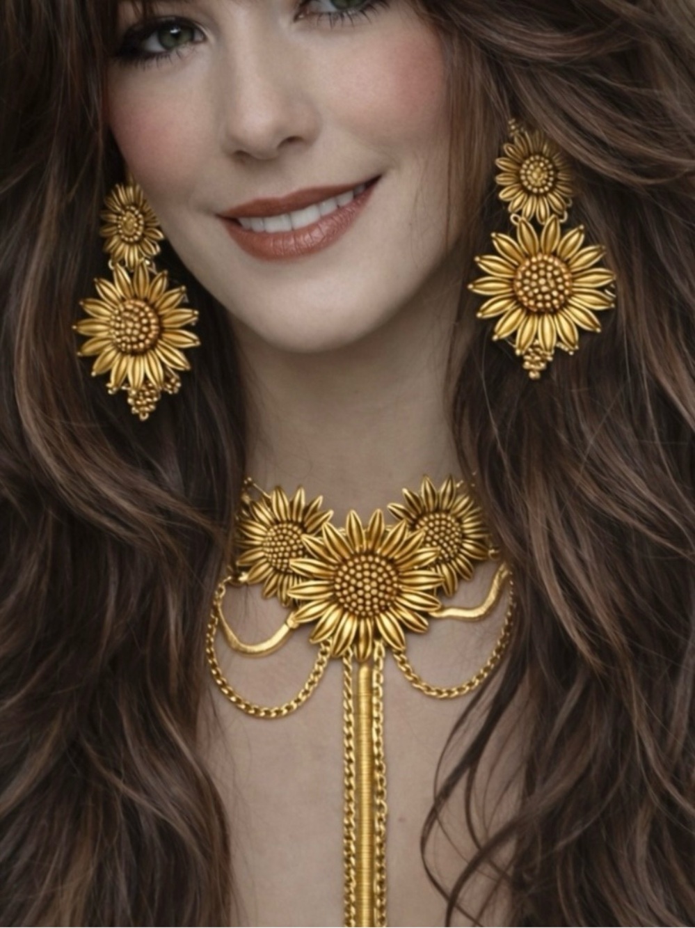 Antique Gold Sunflower Choker Necklace & Earrings Set Statement Set